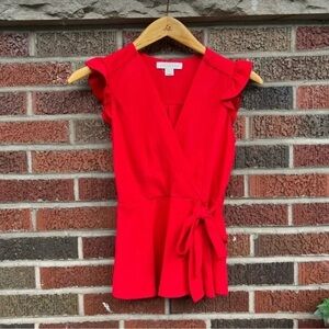 Monteau Las Angeles Red Ruffle Cap Sleeve Side Tie Wrap Top Womens XL